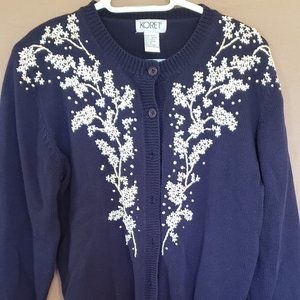 Sweater, button-up, Purple/Blue with white flower design, Koret, Size Medium